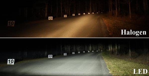 Сравнение света галогеновой лампы и светодиодной линзы